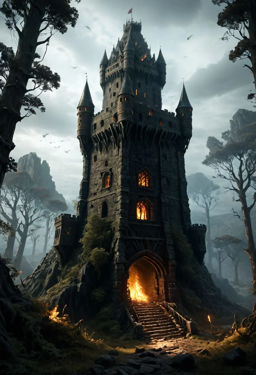 Many adventurers sought his treasure over the decades, with varying degrees of success. Around 1372 DR, rumors said a fiend had taken up residence within the remains of the tower and used the defenses created by Durlag to keep both itself and the treasure safe. Some claimed that this creature was a lich.
 dark woods surround, built of volcanic stone, mountain, dark, incredibly accurate 