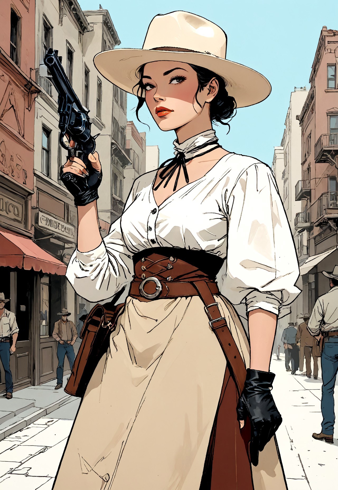 Art by moebius, Illustration, Style inspired by combining the art of Ryo Takemasa and Mike Mignola, J.C. Leyendecker Style page, best quality, masterpiece, dark, closeup, (Cel Shaded Art, 2D, flat color, toon shading, cel shaded style), close up from below of a Western gunslinger, black eyes and short straight hair,  wearing a cowboydress with a cowboy hat a, the gunslinger is standing in a busy wildest city street, gunslinger stands contrapposto, one hand on the gun
 