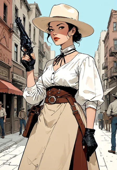 Art by moebius, Illustration, Style inspired by combining the art of Ryo Takemasa and Mike Mignola, J.C. Leyendecker Style page, best quality, masterpiece, dark, closeup, (Cel Shaded Art, 2D, flat color, toon shading, cel shaded style), close up from below of a Western gunslinger, black eyes and short straight hair, wearing a cowboydress with a cowboy hat a, the gunslinger is standing in a busy wildest city street, gunslinger stands contrapposto, one hand on the gun