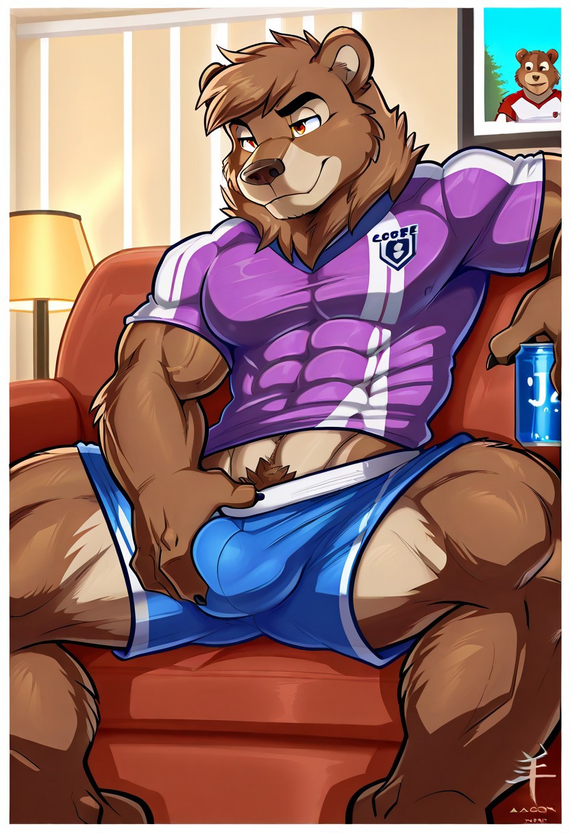 score_9,score_8_up,score_7_up,score_6_up, Aaron, White border, bear, brown bear, ursine, Justin (aaron), 4 fingers, abs, anthro, anthro, biceps, big muscles, , clothed, clothing, male, muscular, pecs, solo,manly, pubes, vein, countershade torso, contershading, brown fur, brown body, can, container, furn furniture,  hand on ball, inside, jesey, lamp, male, orange eyes, shirt, living room, couch, sitting on the couch, spreading, legs spread, tan fur, brown spiky hair, purple jersey, mane, gym shorts, shorts,