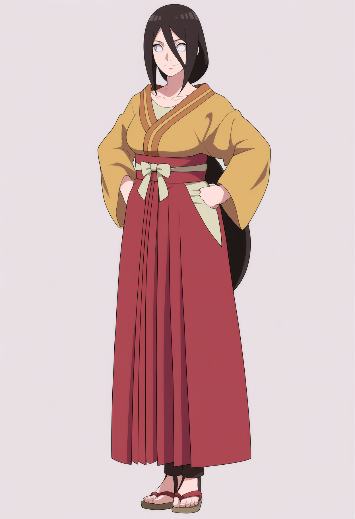 masterpiece, best quality, very aesthetic, absurdres,
1girl, hanabihyuga, black hair, long hair, low ponytail, hair between eyes, no pupils, white eyes, 
collarbone, hakama skirt, japanese clothes, kimono, long wide sleeves, sash,
hands on hips, smile, standing, full body, looking at viewer, solo, simple background, white background, <lora:HanabiBorutoNoobXL_byKonan:1>