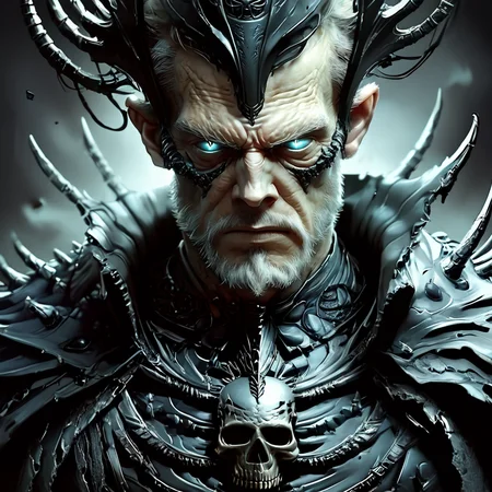 Score_9, score_8_up, score_7_up, score_6_up, BREAK <lora:Eldritch_Sci-FiPony:1> ArsMJStyle, Eldritch Sci-Fi, The image shows an animated man wearing a black costume with a skull on his chest set against a dark background. He appears to be a character from the game Dark Souls III: The Ringed City., 1boy, male focus, solo, facial hair, armor, beard, glowing, blue eyes, glowing eyes, looking at viewer