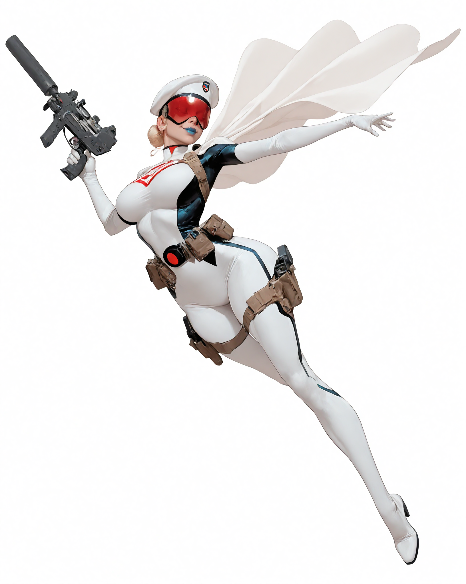 solo, (full body shot, wide shot:1.2), 1girl, (30 year old Russian woman:1.2), beautiful female cyborg spy, fair skin, (white with light blue accents superhero bodysuit with armor padding:1.3), white body armor vest, thigh pistol holsters, white cloak, white military beret, cyborg, cybernetic seams, utility belt, blue eyes, epic red visor, long blonde hair, hair bun, white arm length gloves, slim waist, (toned body:1.1), (large breasts:1.2), wide hips, ultra detailed face, (blue lips:1.2), confident closed mouth smile, strong jaw line, white thigh high superhero boots, (shooting a uzi machine pistol with a suppressor:1.2), white background, (dynamic pose, dynamic composition, dynamic angle:1.2), digital painting, masterpiece, best quality, very awa, absurdres, 8k, comic art style,  <lora:NOOB_vp1_detailer_by_volnovik_v1:0.6> <lora:noobai_vpred_1_aqm_complete_v3:0.3> masterpiece, best quality, very aesthetic <lora:HyperdetailedColoredPencilIl:0.3> ArsMJStyle, Colored pencil hyperdetailed realism <lora:ponyv6_noobE11_2_adamW:0.3> <lora:illustriousXL_stabilizer_v1.7:0.4> <lora:Comics_IllustriousXL_Lora:0.3> C0M1C5 Style <lora:Superhero_Aesthetic_Illustrious:0.3> SUP3RH3R0 Style, comic art style, <lora:Carlos GomezStyleilluLYCO:0.3> cgstyle, (borderless), <lora:ppw_v7_Illuv1.0_1_r2:0.2>, <lora:anatomy_helper:1> <lora:Uzi_-_Machine_Pistol:0.8>