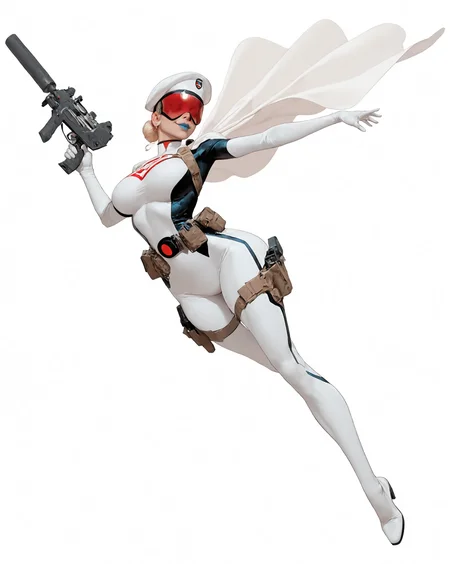 solo, (full body shot, wide shot:1.2), 1girl, (30 year old Russian woman:1.2), beautiful female cyborg spy, fair skin, (white with light blue accents superhero bodysuit with armor padding:1.3), white body armor vest, thigh pistol holsters, white cloak, white military beret, cyborg, cybernetic seams, utility belt, blue eyes, epic red visor, long blonde hair, hair bun, white arm length gloves, slim waist, (toned body:1.1), (large breasts:1.2), wide hips, ultra detailed face, (blue lips:1.2), confident closed mouth smile, strong jaw line, white thigh high superhero boots, (shooting a uzi machine pistol with a suppressor:1.2), white background, (dynamic pose, dynamic composition, dynamic angle:1.2), digital painting, masterpiece, best quality, very awa, absurdres, 8k, comic art style, <lora:NOOB_vp1_detailer_by_volnovik_v1:0.6> <lora:noobai_vpred_1_aqm_complete_v3:0.3> masterpiece, best quality, very aesthetic <lora:HyperdetailedColoredPencilIl:0.3> ArsMJStyle, Colored pencil hyperdetailed realism <lora:ponyv6_noobE11_2_adamW:0.3> <lora:illustriousXL_stabilizer_v1.7:0.4> <lora:Comics_IllustriousXL_Lora:0.3> C0M1C5 Style <lora:Superhero_Aesthetic_Illustrious:0.3> SUP3RH3R0 Style, comic art style, <lora:Carlos GomezStyleilluLYCO:0.3> cgstyle, (borderless), <lora:ppw_v7_Illuv1.0_1_r2:0.2>, <lora:anatomy_helper:1> <lora:Uzi_-_Machine_Pistol:0.8>