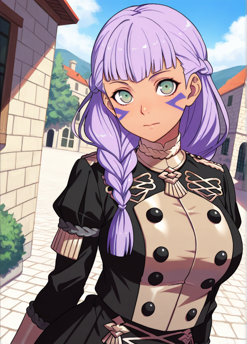 masterpiece, best quality, amazing quality, very aesthetic, absurdres, newest, detailed background, cowboy shot, outdoors, dynamic angle,
fireemblemxd, 1girl, garreg mach monastery uniform, solo, braid, brown eyes, facial mark, long hair, purple hair, upper body, uniform, dark skin, closed mouth, dark-skinned female, breasts
looking at viewer, dynamic pose, 
 <lora:Fire_Emblem_Style:1>