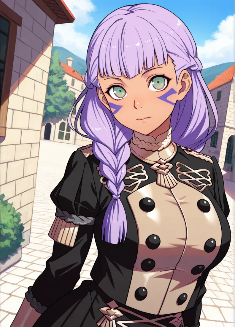 masterpiece, best quality, amazing quality, very aesthetic, absurdres, newest, detailed background, cowboy shot, outdoors, dynamic angle,
fireemblemxd, 1girl, garreg mach monastery uniform, solo, braid, brown eyes, facial mark, long hair, purple hair, upper body, uniform, dark skin, closed mouth, dark-skinned female, breasts
looking at viewer, dynamic pose,
<lora:Fire_Emblem_Style:1>
