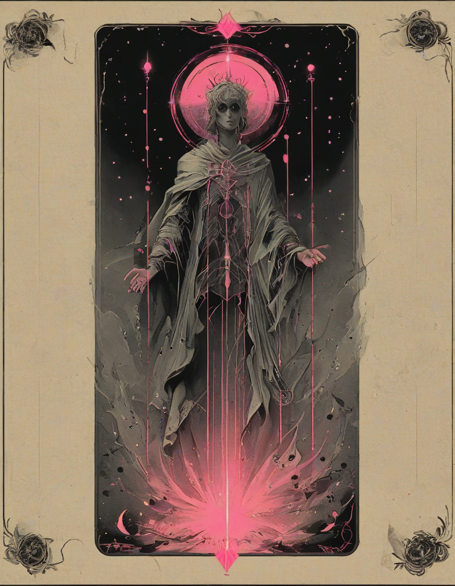 <lora:artfullyTAROT1LINE_SDXL_V1:1>,the front of an old card,tarot,tarot card,the magician,((1 line 1 color)),calligraphy,minimal,geometric,(2 colors total),lime,pink,black)) background,marker,((fine liner),masterpiece)),detailed,intricate,best quality,absurd resolution,tl4,sharp crisp ines,masterwork by artisan calligrapher,lines flow from one aspect to another,neon pink,nen liume,obsidian,ivory,vantablack,(((1 line ))) illustration,masterpiece,highest quality,absurd resolution,