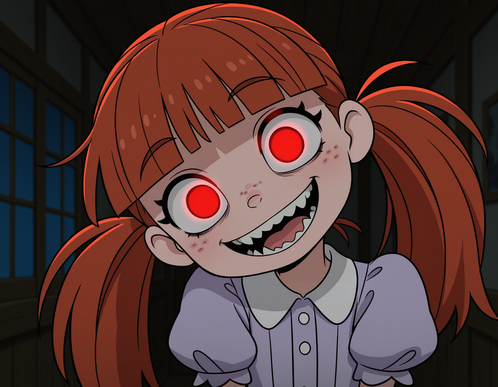 <lora:@CFG Scale Boost:0.2>
<lora:Marthas_Daughter_Helluva_Boss:0.9> masterpiece, best quality, amazing quality, very aesthetic, absurdres, depth of field, blurry background, extremely detailed face, detailed eyes, (official style:1.2), screencap, flat colors, young, horror \\(theme\\),
1girl, solo, freckles, red eyes, glowing eyes, eyelashes, long hair, auburn hair, pigtails, straight bangs,
lavender blouse, short sleeves, puffy sleeves, collared blouse, #maroon plaid skirt, brown cowboy boots,
indoors, night, darkness,
looking at viewer, open mouth, big smile, head tilt, razor teeth, 
upper body,