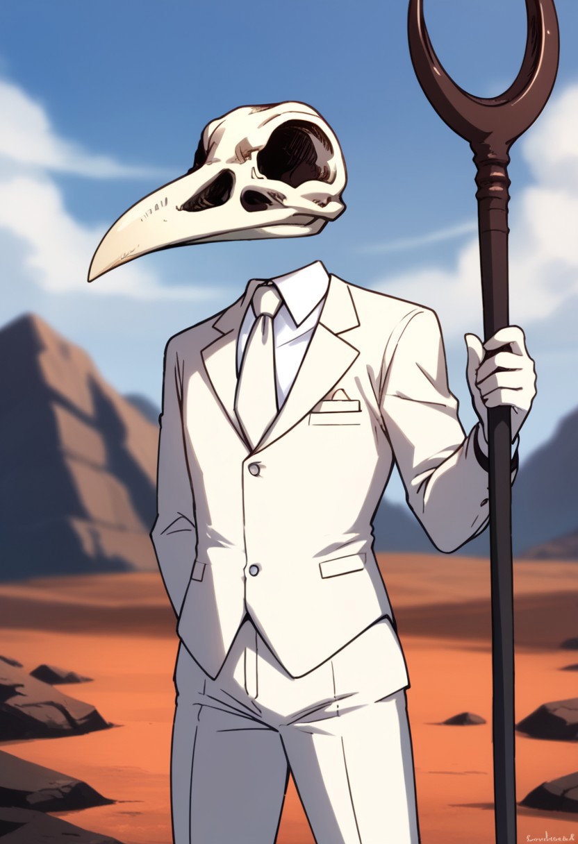 Zpdxl3, Score_7_up, score_8_up, solo, 
BREAK,
Khonshu, skull head, floating head, beak, white suit and tie, (one hand behind back), white gloves, white tie, holding, staff, holding staff, outdoors, nighttime,