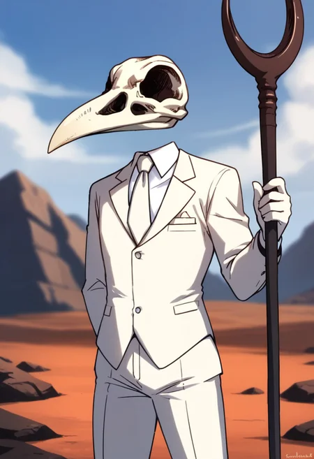 Zpdxl3, Score_7_up, score_8_up, solo,
BREAK,
Khonshu, skull head, floating head, beak, white suit and tie, (one hand behind back), white gloves, white tie, holding, staff, holding staff, outdoors, nighttime,