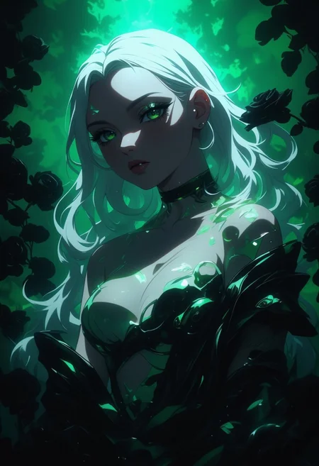 8k resolution, Absurd resolution, An Acrylic style painting that is expressive, gives it a dynamic and emotional quality. Anime art of a stylized portrait of a woman with a ethereal black and green mist surrounding her body. The mist creates a dramatic and surreal effect. The woman has a cold aesthetic, complimented by her white hair. Anime art of woman draped in shadows with a lighting that enhances her unique features.
The background is dark green, filled with black rose petals.