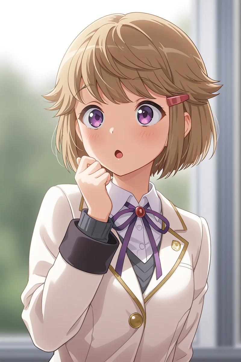 masterpiece, best quality, amazing quality,
 <lora:Ryoko_IL:1> ryoko, 1girl, solo, purple eyes, shirt, short hair, ribbon, neck ribbon, white shirt, school uniform, collared shirt, hair ornament, jacket, blurry background, bangs, hand up, purple ribbon, blurry, upper body, long sleeves, hairclip, blush, :o, open mouth, jewelry, white jacket