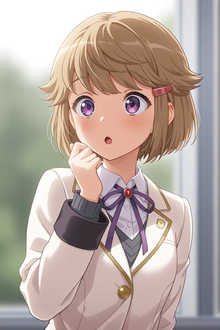 masterpiece, best quality, amazing quality,
<lora:Ryoko_IL:1> ryoko, 1girl, solo, purple eyes, shirt, short hair, ribbon, neck ribbon, white shirt, school uniform, collared shirt, hair ornament, jacket, blurry background, bangs, hand up, purple ribbon, blurry, upper body, long sleeves, hairclip, blush, :o, open mouth, jewelry, white jacket
