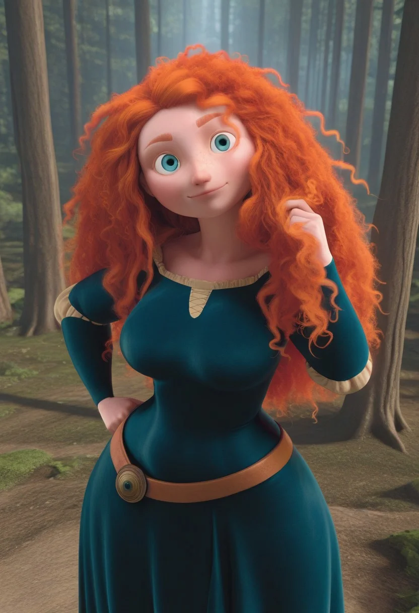 highres, hi res, best quality, masterpiece, official style, screencap, 3d,
1girl, (MeridaXL:1), red hair, blue eyes, curly hair, big hair, freckles, green dress, long sleeves,
light smile, dutch angle, sexy pose, (one hand on hair, one hand on hips:1.1), looking at viewer, from above, solo, dynamic pose, cowboy shot, head tilt, sexually suggestive, outdoors, forest, vegetation, thick thighs, wide hips, large breasts, saggy breasts, curvy,
<lora:MeridaBraveXLV2_Character:1>