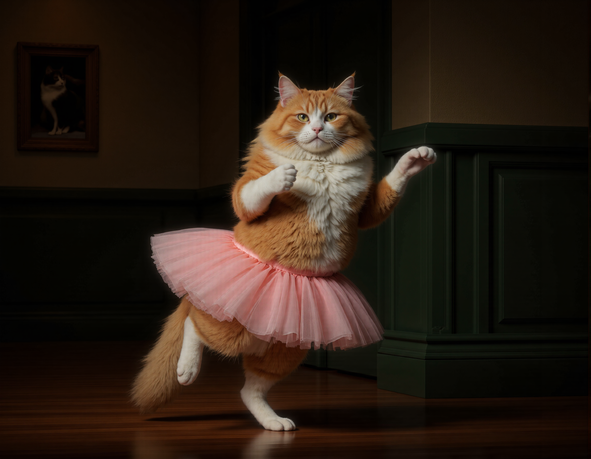 Rembrandt style <lora:funnys:0.7>, This is a high-resolution, CGI-rendered photograph of a fluffy, orange and white Persian cat dressed in a ballet tutu. The cat is depicted mid-ballet pose, with one paw raised elegantly in the air, and the other firmly planted on the floor. The tutu is a soft, pastel pink, adding a whimsical and playful element to the image. The cat's fur is meticulously detailed, showcasing its fluffy texture and the intricate patterns of its fur, including the distinctive markings on its face., The background features a dark green wall with elegant wainscoting, adding a classic and sophisticated atmosphere to the scene. On the wall to the left, there is a framed photograph of another cat, which adds to the whimsical and humorous theme of the image. The floor is made of polished, dark wooden planks, which contrast with the light colors of the cat and tutu. The overall composition and lighting create a warm and inviting environment, emphasizing the playful and humorous nature of the scene. The image captures the essence of a cat's natural grace and charm, combined with a whimsical, human-like pose and attire, making it a humorous and endearing portrayal . Baroque, chiaroscuro, realistic, emotional, "flat lighting