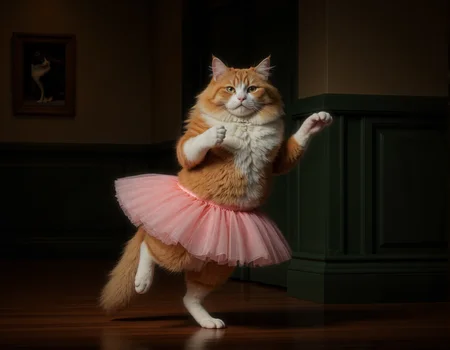 Rembrandt style <lora:funnys:0.7>, This is a high-resolution, CGI-rendered photograph of a fluffy, orange and white Persian cat dressed in a ballet tutu. The cat is depicted mid-ballet pose, with one paw raised elegantly in the air, and the other firmly planted on the floor. The tutu is a soft, pastel pink, adding a whimsical and playful element to the image. The cat's fur is meticulously detailed, showcasing its fluffy texture and the intricate patterns of its fur, including the distinctive markings on its face., The background features a dark green wall with elegant wainscoting, adding a classic and sophisticated atmosphere to the scene. On the wall to the left, there is a framed photograph of another cat, which adds to the whimsical and humorous theme of the image. The floor is made of polished, dark wooden planks, which contrast with the light colors of the cat and tutu. The overall composition and lighting create a warm and inviting environment, emphasizing the playful and humorous nature of the scene. The image captures the essence of a cat's natural grace and charm, combined with a whimsical, human-like pose and attire, making it a humorous and endearing portrayal . Baroque, chiaroscuro, realistic, emotional, "flat lighting