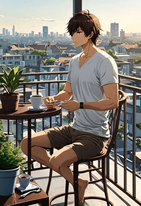 Highres, Masterpiece, High Quality, 4K, 8K, solo, 1Boy, Seiya Kanie, short dark brown hair, golden eyes, home balcony, city view, small table, balcony chair, houseplants, fresh air, morning, breeze, soft sunlight, calm, peaceful, holding a cigarette, cup of coffee, v-neck t-shirt, shorts, relaxing, enjoying moment, ashtray, coffee cup, easynegative, detailed_eye_model