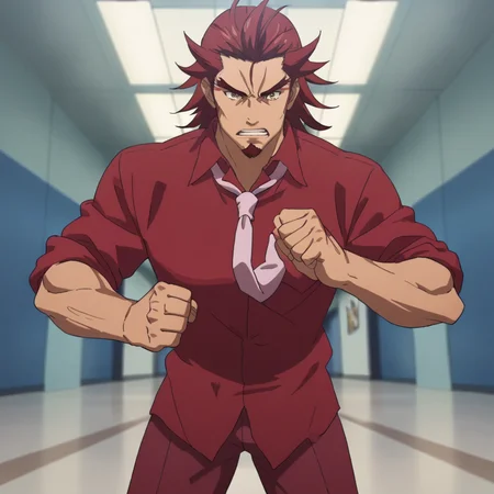 score_9, score_8_up, score_7_up, source_anime, masterpiece, best quality, very aesthetic, cinematic lighting, genjuro, necktie, punching, red shirt,