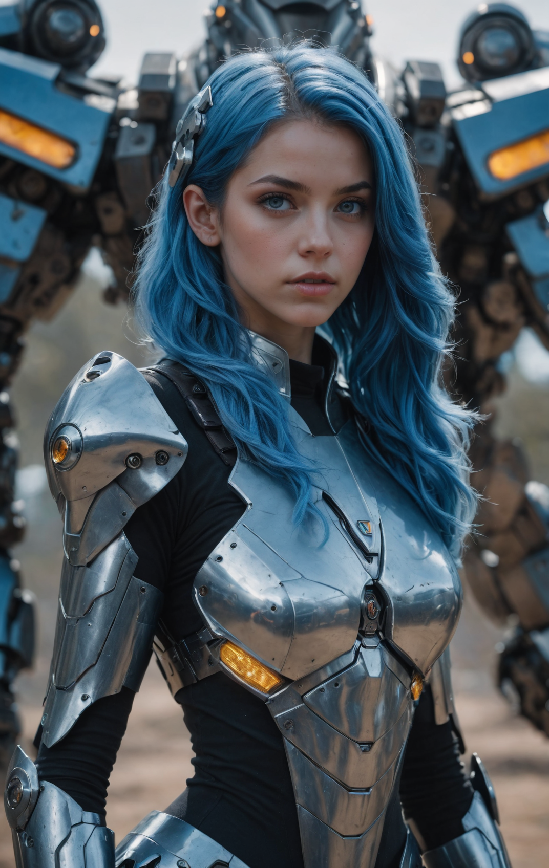 masterpiece, best quality,
cinematic film still, realistic, 1girl, mecha scifi, solo, blue hair, blue eyes, cape, long hair, armor, looking at viewer, outdoors, lips, headgear, standing, science fiction, gauntlets, mechanical arms, realistic, arms at sides, depth of field,
highres, 4k, 8k, intricate detail, cinematic lighting, amazing quality, wallpaper <lora:aesthetic_anime_v1s:1.2>