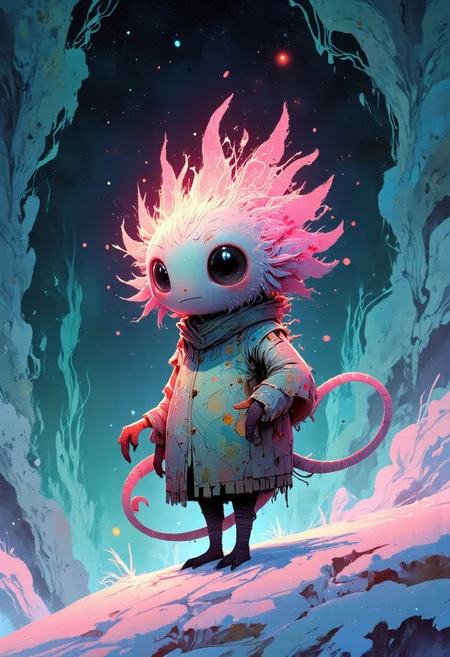 Radiant, big-eyed creature with intricate feathers amidst a prismatic ice cave, snowing pastel hues. Vibrant light refracts throughout, casting kaleidoscopic colors on swirling fractal formations. Photorealistic 3D render.