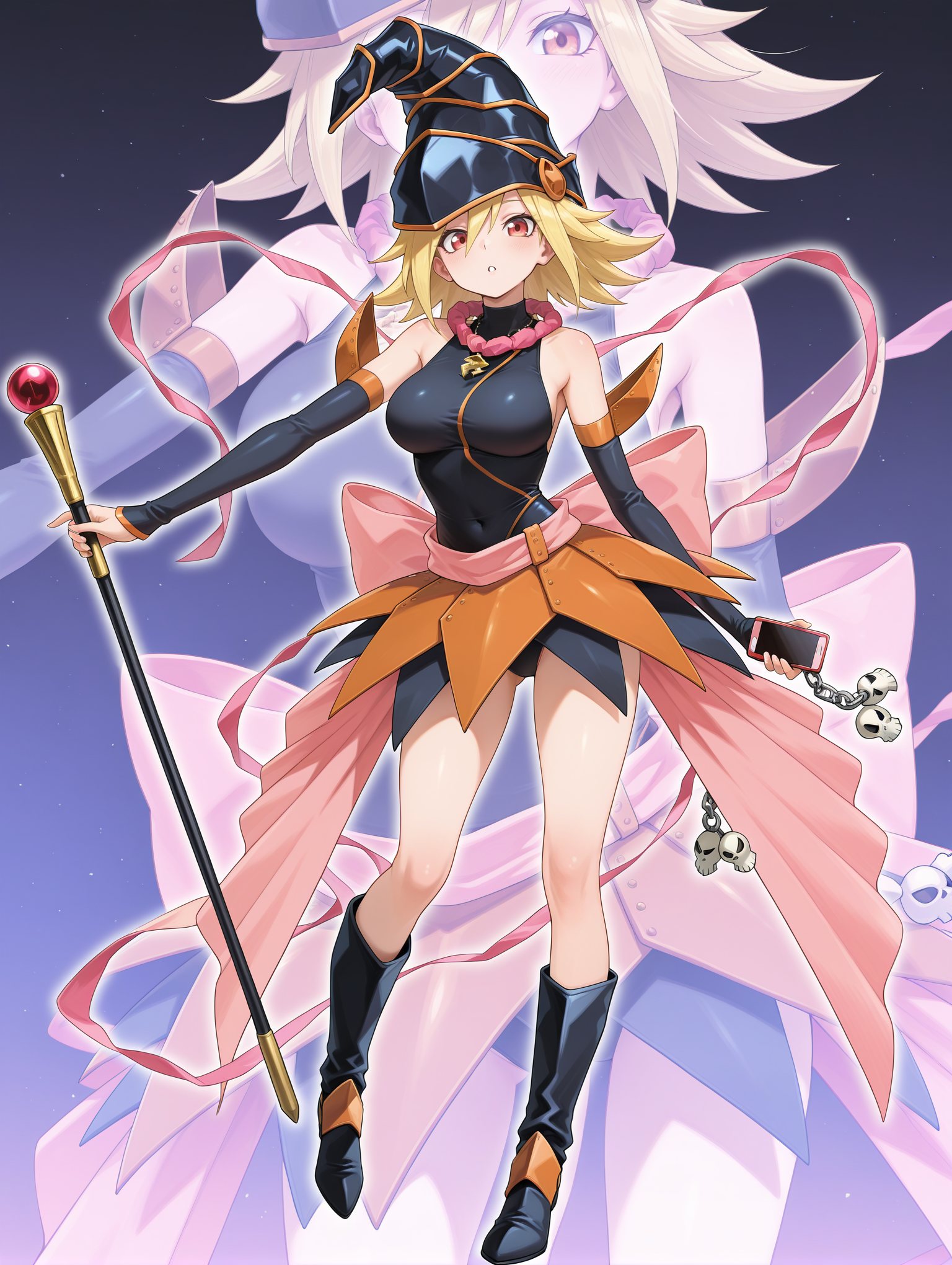 gagaga girl,1girl,solo,holding smartphone,smartphone,full body,looking at viewer,medium breasts,parted lips,open mouth,standing,staff,large breasts,black skirt,black wizard hat,black leotard,black knee boots,black detached sleeves,pink ribbon,pink necklace,holding staff,zoom layer,gradient background,gold necklace,skull cellphone charm,
masterpiece,best quality,amazing quality,very aesthetic,absurdres,newest,<lora:Gagaga girl illuXL v1.2:0.74>,