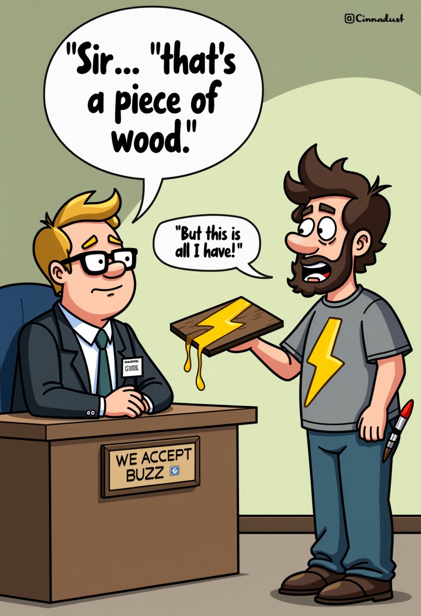 "Cartoon image of two individuals having a conversation. Flux, a bespectacled individual wearing a suit and nametag, sits behind a desk with a plaque that reads "We Accept Buzz". Flux says "Sir... that's a piece of wood" in a speech bubble, looking unimpressed. Across from Flux is a second individual, wearing a shirt that reads "Cinnadust", who is standing and holding out a plank of wood with a freshly painted golden yellow thunderbolt on it. The individual is extremely emotional, crying absurdly and saying "But this is all I have!" in a speech bubble. A paintbrush is visible in their back pocket, with the tip still wet with dripping yellow paint. The plank of wood is being offered to Flux, who looks uninterested. Style: cartoonish, exaggerated, and humorous, with a focus on capturing the absurdity and emotion of the conversation." Highest quality, 4k, masterpiece