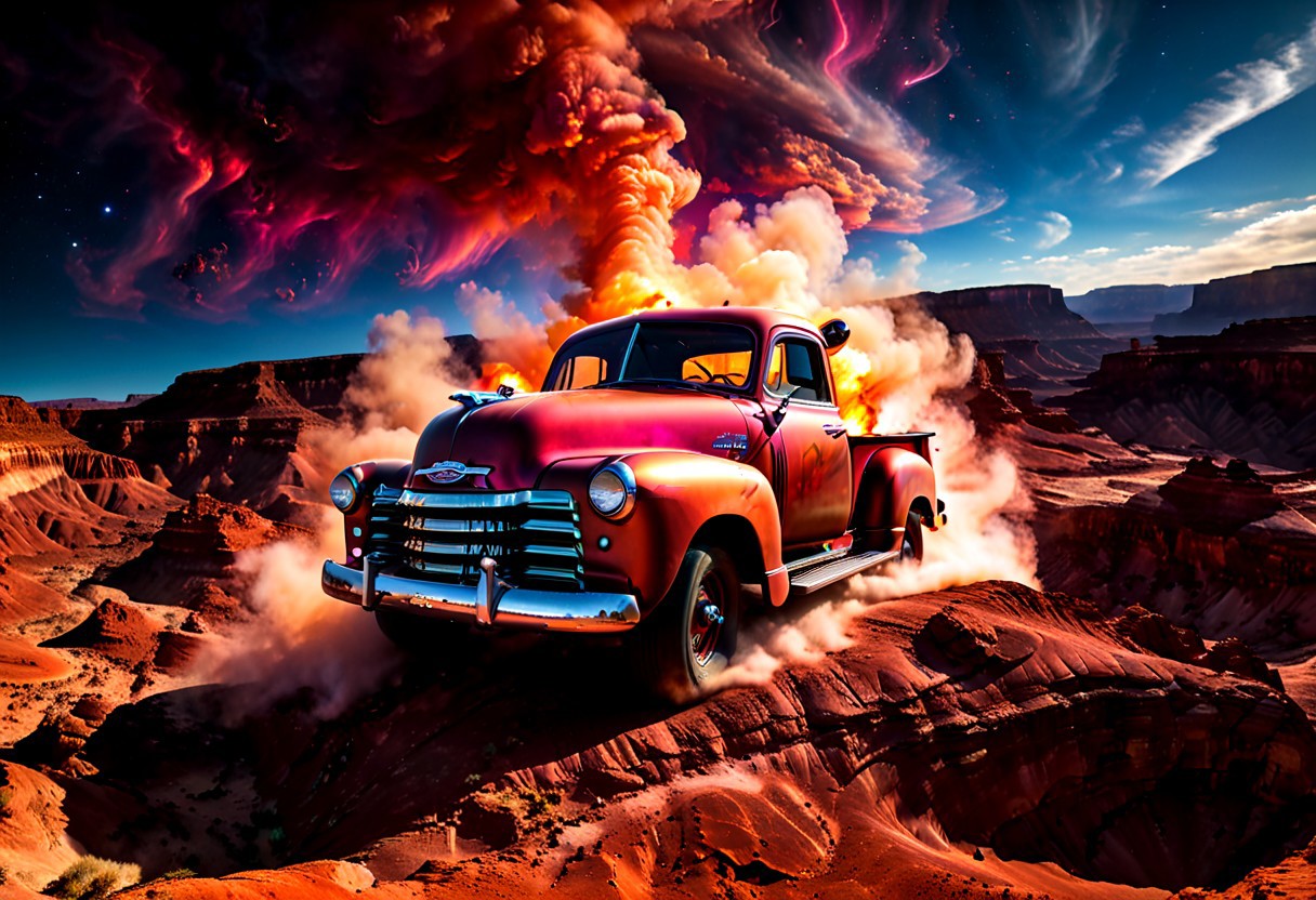 Create a 3d digital ink Aerial Photograph of a lifted Steam punk 1950 Chevy truck, with a huge engine sticking out of the hood, drifting through a canyon on Mars. The truck's smoke and fire trails are billowing behind it. The red planet's unique terrain and an electroluminescent multi- colored nebula is visible in the background, including the towering canyon walls and a vast, electroluminescent multi-colored nubula. The image is captured in 8K UHD resolution, with high-quality details such as the iridescent copper hyper detailed paint job and sharp edges visible. The photo was taken with a DSLR camera, using vibrant lighting to highlight the car's curves and contours. subtle color grading enhance the image's cinematic quality.