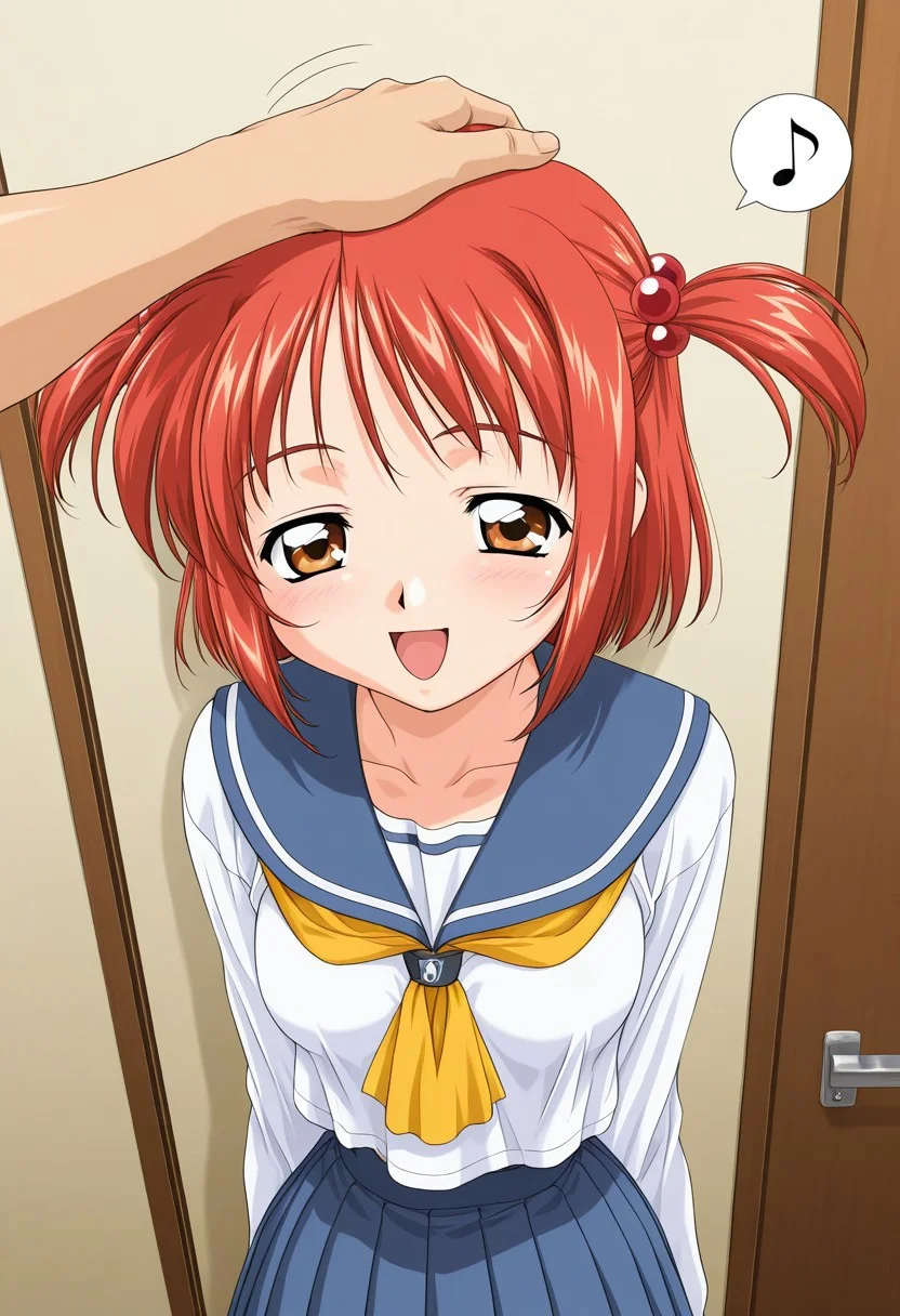 1girl, , ,
solo focus,
Normal_Megumi, red hair, short hair, hair bobbles, brown eyes, twintails, two side up, hair ornament,
school uniform, serafuku, blue skirt, long sleeves,
pleated skirt, 2000s \(style\),
medium breasts,
aged down, slim body, narrow body, slender, skinny, curvy, short arms, slim arms, small waist, narrow waist,
looking at view, smiling, happy, glad, spoken musical note, open mouth,
1boy, pov view, soft headpat,
upper body, face focus, close-up face, lower body out of frame,
detailed background, indoor, in girl's private room,
scenery, volumetric lighting,
general,
masterpiece, best quality, amazing quality, very aesthetic, absurdres, official art, newest, ultra-detailed, 8K, anime coloring,
