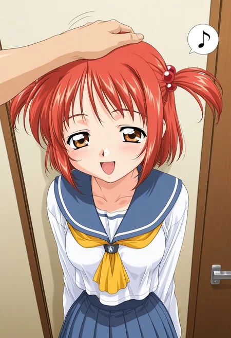 1girl, , ,
solo focus,
Normal_Megumi, red hair, short hair, hair bobbles, brown eyes, twintails, two side up, hair ornament,
school uniform, serafuku, blue skirt, long sleeves,
pleated skirt, 2000s \(style\),
medium breasts,
aged down, slim body, narrow body, slender, skinny, curvy, short arms, slim arms, small waist, narrow waist,
looking at view, smiling, happy, glad, spoken musical note, open mouth,
1boy, pov view, soft headpat,
upper body, face focus, close-up face, lower body out of frame,
detailed background, indoor, in girl's private room,
scenery, volumetric lighting,
general,
masterpiece, best quality, amazing quality, very aesthetic, absurdres, official art, newest, ultra-detailed, 8K, anime coloring,