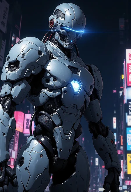 detailed cyberpunk anime image, masterpiece, closeup view of a high-end battle robot, mirrored sliver armor, reflective faceplate, glowing circuitry, robot joints and cables, masterpiece, perfect composition, dark city background, silhouetted, directional light