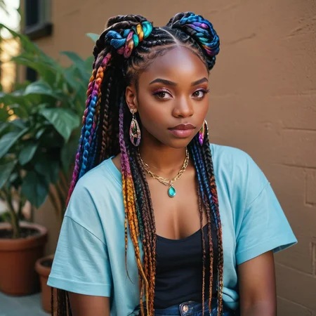 American USA black woman, black girl, very dark skin, beautiful hazel eyes, long thick multicolor black2blue box braids, high heels, tight jeans, tshirt, long nail, ((jewelry with high details,  iridescent colors)), bright colors, alchemist, cinematic, 35mm film, 35mm photography, film, photo realism, DSLR, 8k uhd, hdr, ultra-detailed, high quality, high contrast, , Side View, medium-shot, raw, photo, realistic, embedding:zPDXL2<lora:PONY_XL_Black_Woman_Lora10> <lora:Pony_XL_Colorful_Box_Braids>
