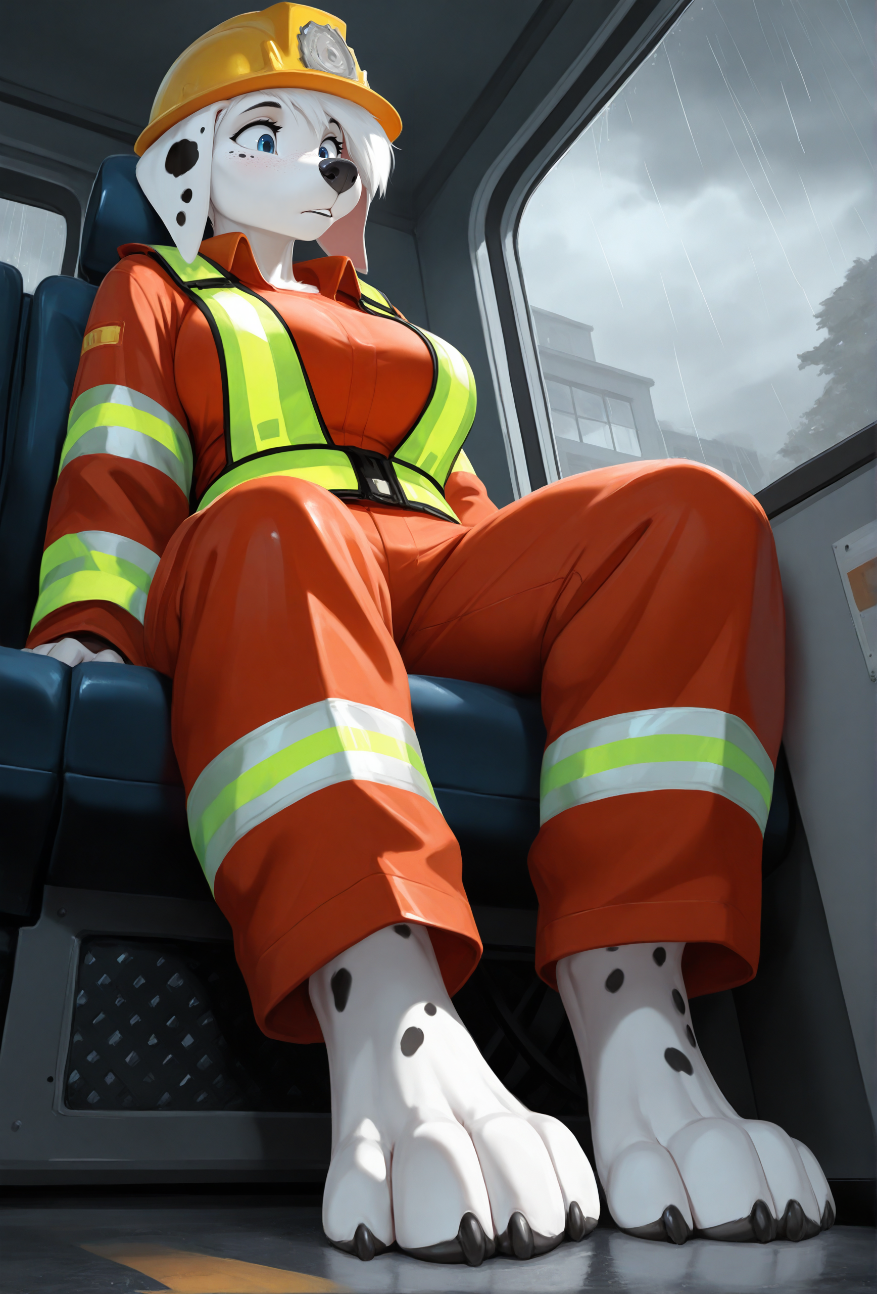 masterpiece,best quality,amazing quality, <lora:chunie_style_illustrious_v1f:1> chunstyle, 1girl, furry, dalmatian, white hair, blue eyes, hard hat, freckles, BREAK
large breasts, firefighter, firefighter jacket, firefighter pants, high-visibility vest, white fur, spotted fur, barefoot, animal feet, low angle, foot focus, overcast, rain, vehicle interior, sitting, leaning back, window, fire truck, against window