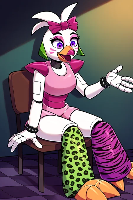 score_9, score_8_up, score_7_up, score_6_up, score_5_up, score_4_up,   <lora:Glamrock_Chica:1> Glamrock Chica, animatronic, animatronic arms, animatronic hands, animatronic legs, leg warmers, green leopard print leg warmer, purple tiger print legwarmer, sitting, in chair, room, tiled floor