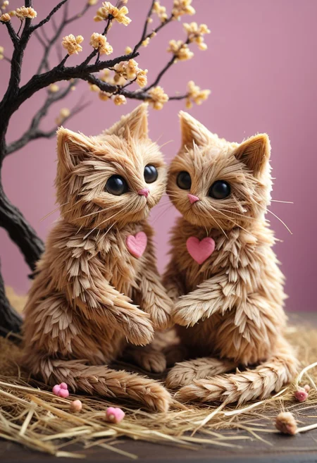 ((Halloween style)) masterpiece, best quality, absurdres, cats made of Straw sitting on a tree branch, facing each other in an intimate and harmonious pose. They are surrounded by delicate, blooming branches with small flowers, adding a serene and romantic atmosphere. The background is softly blurred, focusing the viewer's attention on the cats and their interaction. The lighting is soft, emphasizing the texture of their fur and the gentle ambiance of the scene. pink heart in front of them, ((everything made out of Straw))
