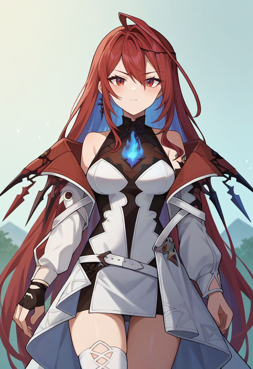 score_9,score_8_up,score_7_up,score_6_up,score_5_up,score_4_up,
1girl, elizabeth rose bloodflame, long hair, colored inner hair, ahoge, breasts, white off-shoulder jacket, white sleeveless dress, see-through cleavage, cross-laced sleeves, white sleeves, single white thighhigh, hair ornament, partially fingerless gloves, single glove, blue fire,
cowboy shot, solo, looking at viewer, outdoors,
<lora:lizbloodflameponyxl:1>