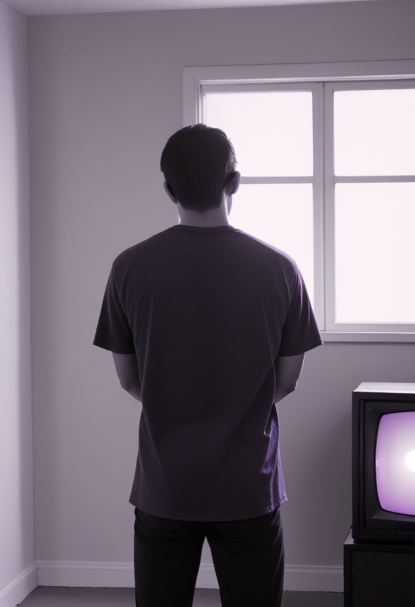 dzktxez, 1boy, male focus, purple theme, solo, from behind, window, silhouette, glowing, indoors, short sleeves, shirt, standing, retro, television, realistic, tv, zPDXL
