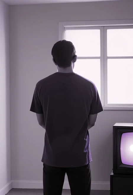 dzktxez, 1boy, male focus, purple theme, solo, from behind, window, silhouette, glowing, indoors, short sleeves, shirt, standing, retro, television, realistic, tv, zPDXL