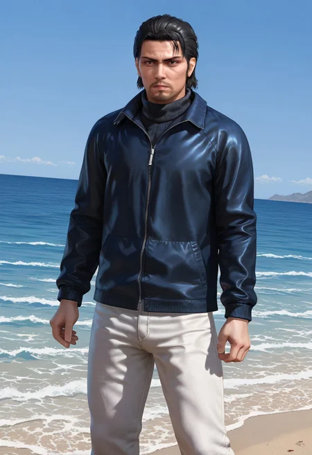 score_9, score_8_up, score_7_up, score_6_up, perfect anatomy, perfect proportions, best quality, masterpiece, high_resolution, high quality, aesthetic, absurdres, (male focus), solo male, adult, mature, masculine, manly, handsome, charming, alluring, cowboy shot,source_game \(Yakuza\), official style \(Yakuza\), Daigo Dojima \(Like a Dragon: Infinite Wealth\), LADIWDaigo, brown eyes, black hair, short hair, unkempt hair, bangs, facial hair, stubble, YKDaigo_outfit09, black turtleneck, black leather jacket, closed jacket, white pants, white fishing boots, white headband, dark denim pants, heroic, serious, feet out of frame, detail background, ocean, random pose