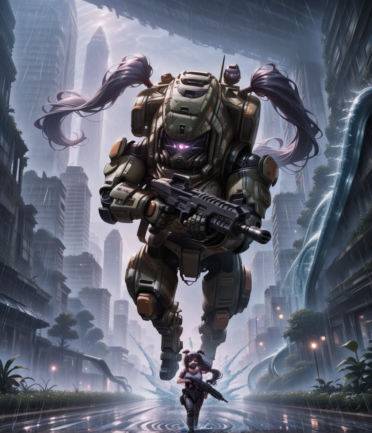 masterpiece, best quality, anime,  BREAK 1girl, solo,running towards viewer, wide shot, scenery, glowing,  ripples, (rain:1.6), solo, water slide,sliding,motion lines,motion blur,splashing,  water,  taking cover, holding weapon, (assault rifle:1.6), aiming,post-apocalypse, plants,overgrown ,building,  pilot_\(titanfall\),titan_\(titanfall\), mecha,<lora:RealisticAnimeIXL:0.5> bokeh, luminescent background, <lora:Dramatic Lighting Slider:4>  <lora:Z11ILSTCAMEq1v1 AL:1> purple eyes, very long hair, two side up, black hair, red hairclip, hair tie, choker, cross necklace,mouth mask, <lora:titanfall:1>