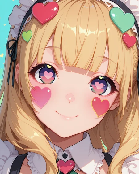 masterpiece,best quality,highres illustration,detailed face,1girl,<lora:heartheart_IL:1.5>,colorful heart,maid,blonde hair,blunt bangs,long hair,face focus,smile