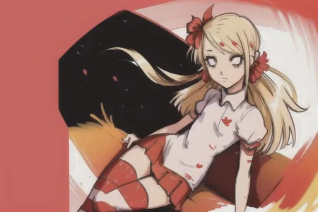 anime, 1girl, solo, Wendy, white shirt, short puffy sleeves, red pleated skirt, hair flower, no pupils, blank eyes, striped thigh highs