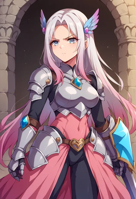 <lora:Marugoshi-Style-PonyXL:1> by marugoshi,, score_9, score_8_up, score_7_up, source_anime,, serious, 1girl, white eyes, white hair, very long hair, parted hair, parted bangs, medium breasts, gradient hair, lilac hair,, valkyrie, (bodysuit:1.1), pink wing hair ornament, grey armored skirt, black bodysuit, armor, gauntlets, pink breastplate, greaves, armored dress, pink hues,