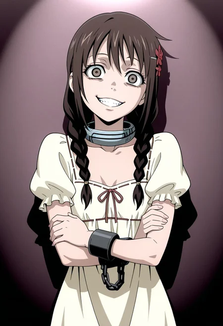 (masterpiece, best quality, ultra-detailed, high quality, highly detailed, highres),
1girl, solo, takami minatsuki, twin braids, brown hair, brown eyes, red flower hairpin, beige dress, cuffs, Deadman Wonderland Collar, flat chest, sfw,
standing, looking at viewer, crazy eyes, evil grin, yandere,
simple background,