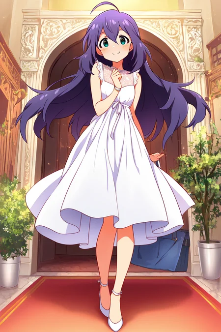 masterpiece,best quality,very aesthetic,absurdres,highres,newest,official art,official style,
1girl,solo,
mochizuki anna,purple hair,green eyes,ahoge,
dress,white dress,sleeveless dress,
<lora:eye_focus_illus:1>,eye_focus,
standing,full body,
<lora:idolmaster_mochizuki_anna_ill_v1.0:1>,