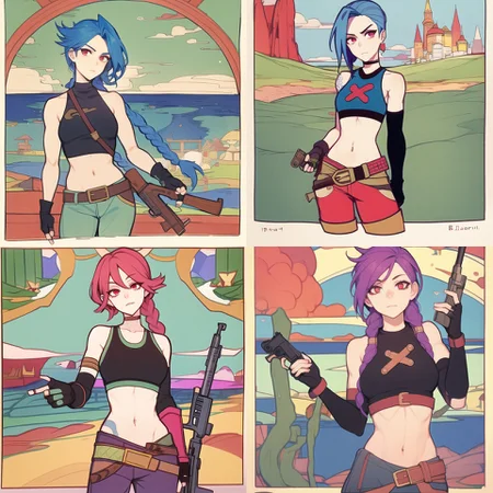 <lora:bilibin01-000016:1>bilibin, by ivan bilibin, JinxLol,mature female,1girl, solo,looking at viewer, navel, gloves, fingerless gloves, character name, midriff, bare shoulders, looking at viewer, gun, crop top, belt,outdoors <lora:jinxLeagueOfLegends_v10:0.7>