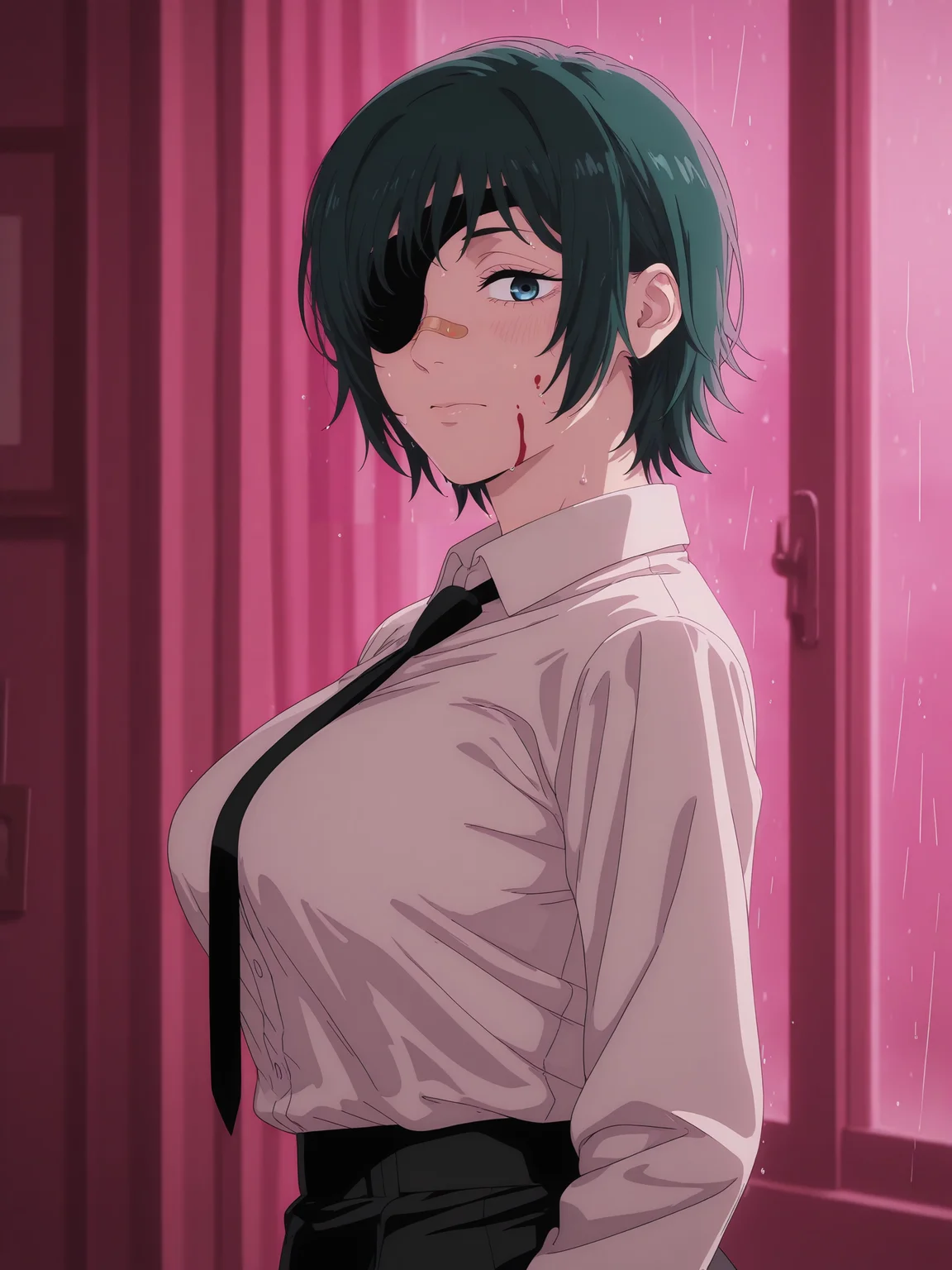 score_9, score_8_up, score_7_up, source_anime, hires image, masterpiece, best quality, anime coloring, anime screencap, masterpiece, best quality, amazing quality, intricate details
himeno (chainsaw man), mature female, short hair, green hair, blue eyes, good eyes, medium breasts, eyepatch, <lora:Chainsaw_Man_Style__Character_Pack:0.8> 1girl, solo,
from side, 1girl, solo, adult, awesome, look at viewer, himenomv, 1girl, solo, green hair, short hair, eyepatch, blue eyes,outfit_1, formal, white shirt, collared shirt, black necktie, shirt tucked in, short skirt, sadness, fatigue on the face, at night, portrait, bandaid on nose, blurry background, pink lighting, night, dark, pink theme, rain, blood on face,