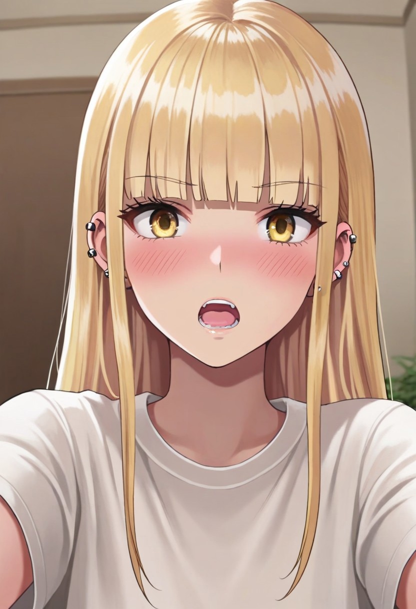 masterpiece,best quality,amazing quality, ruriko, long hair, blonde hair, yellow eyes, 1girl, blush, solo, open mouth, shirt, looking at viewer, piercing, white shirt, ear piercing, blunt bangs, upper body