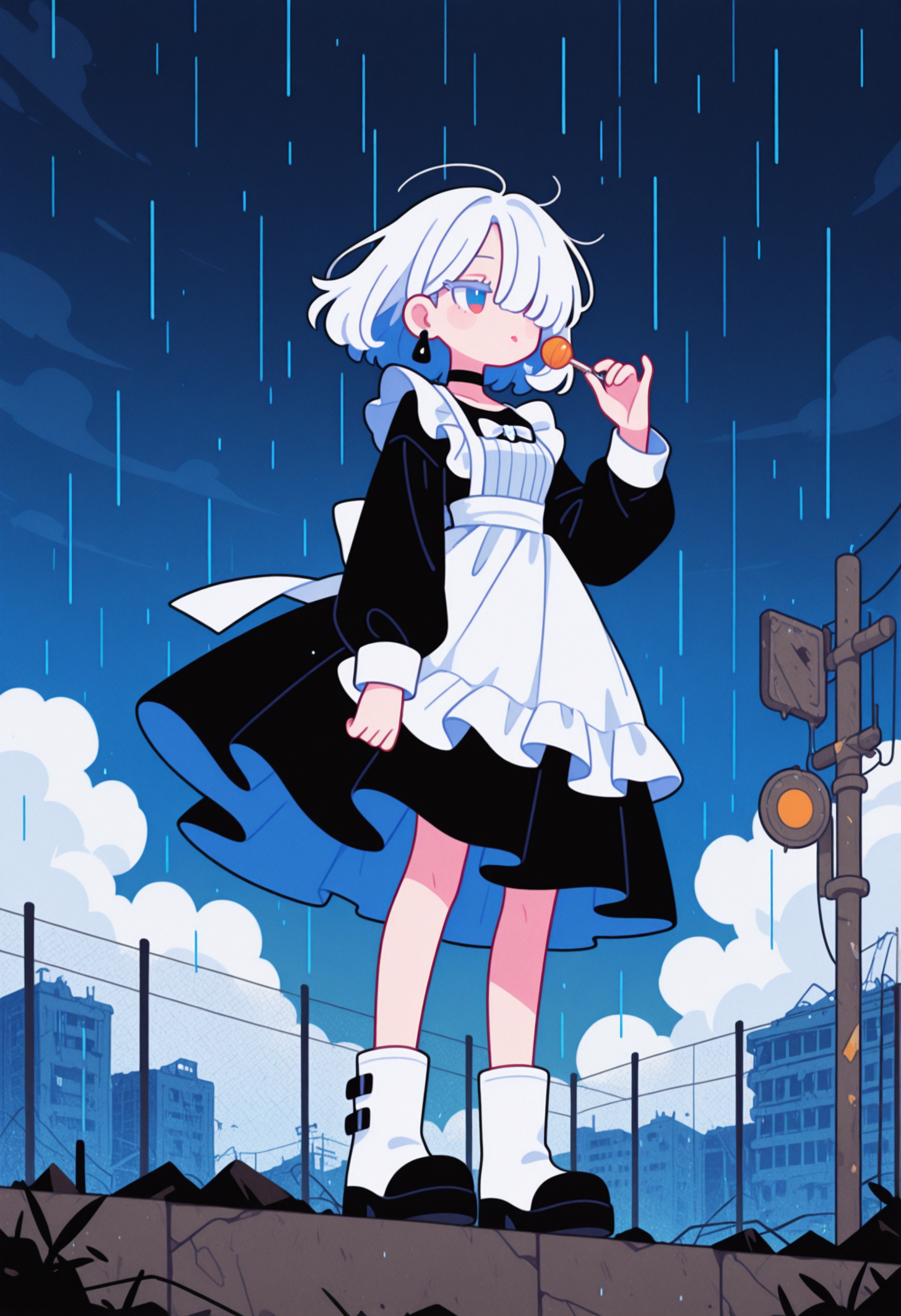 masterpiece, best quality, good quality, very aesthetic, absurdres, newest, 8K, from below,
spooky, dark stormy background, ((slanting rain, rainstorm, tempest, turbulent atmosphere, strong winds, raining heavy)),
((clothes and hair blown strongly by the wind, flowing fabric, disheveled hair, billowing skirt, windblown )),
BREAK
full body, 
side portrait of stunning girl standing on ruin, bangs, white hair, multicolored hair, bobcut hair,
pastel cyan eyes, choker, hair over one eye,
small breasts, earrings, ear pierces,
ultra detailed decorative victorian gossamer clothes, very short tight black maid dress, maid apron,
white short boots,
simple pastel gradient purple  background with extremely thick white border,
half closed eyes, unfocused eyes,
distant gaze, emotionless look, looking away, white thick eyelashes, white long eyelashes,
(holding a lollipop, licking a lollipop, 1 lollipop),
wrecked fence and buildings in background, (post apocalyptic city background), thick clouds,
Flatline, Flat vector illustration, haiz_ai, [no lineart, no outline], ruanyi0935,
<lora:haiz_ai_illu:0.3> <lora:flatline:1.45> <lora:petravoice:0.4>  <lora:0935 rainstorm_v1_pony:0.66>