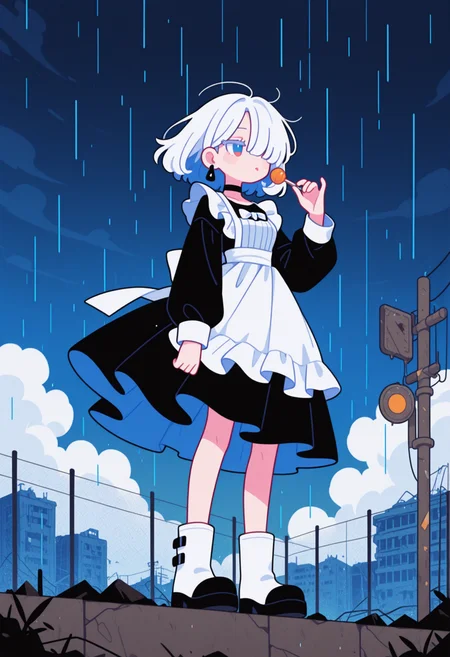 masterpiece, best quality, good quality, very aesthetic, absurdres, newest, 8K, from below,
spooky, dark stormy background, ((slanting rain, rainstorm, tempest, turbulent atmosphere, strong winds, raining heavy)),
((clothes and hair blown strongly by the wind, flowing fabric, disheveled hair, billowing skirt, windblown )),
BREAK
full body, 
side portrait of stunning girl standing on ruin, bangs, white hair, multicolored hair, bobcut hair,
pastel cyan eyes, choker, hair over one eye,
small breasts, earrings, ear pierces,
ultra detailed decorative victorian gossamer clothes, very short tight black maid dress, maid apron,
white short boots,
simple pastel gradient purple  background with extremely thick white border,
half closed eyes, unfocused eyes,
distant gaze, emotionless look, looking away, white thick eyelashes, white long eyelashes,
(holding a lollipop, licking a lollipop, 1 lollipop),
wrecked fence and buildings in background, (post apocalyptic city background), thick clouds,
Flatline, Flat vector illustration, haiz_ai, [no lineart, no outline], ruanyi0935,
<lora:haiz_ai_illu:0.3> <lora:flatline:1.45> <lora:petravoice:0.4>  <lora:0935 rainstorm_v1_pony:0.66>