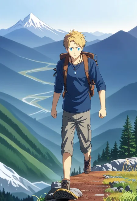 high resolution, professional photography, solo, best quality, 1Boy, Yamato Ishida, Blond Hair, Deep Blue Eyes, Necklace, hiking gear, mountains, hiking, stepping, amazed, OverallDetail